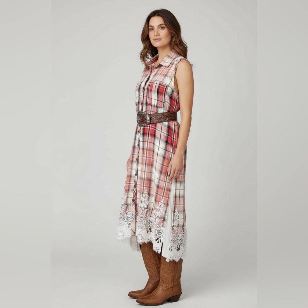ARATTA SILENT JOURNEY Asymmetrical Midi Lace Hem Dress with Notched Collar